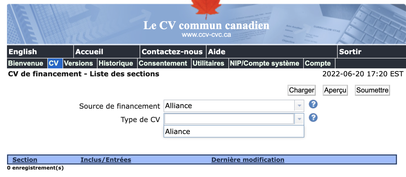 Capture d'écran du site web du CV common canadien