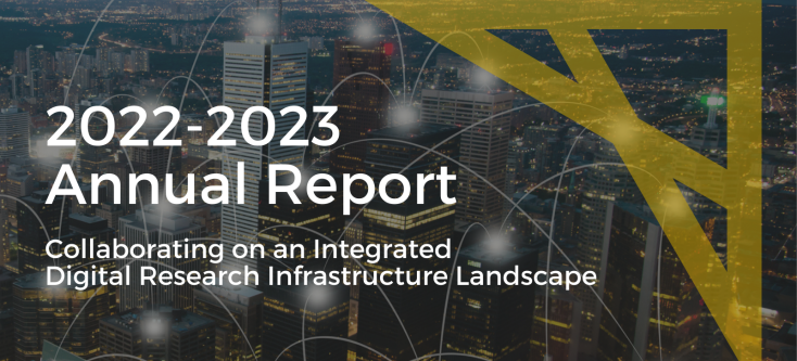 A cityscape with overlay of data points and the following text: 2022-2023 Annual Report. Collaborating on an Integrated Digital Research Infrastructure Landscape.